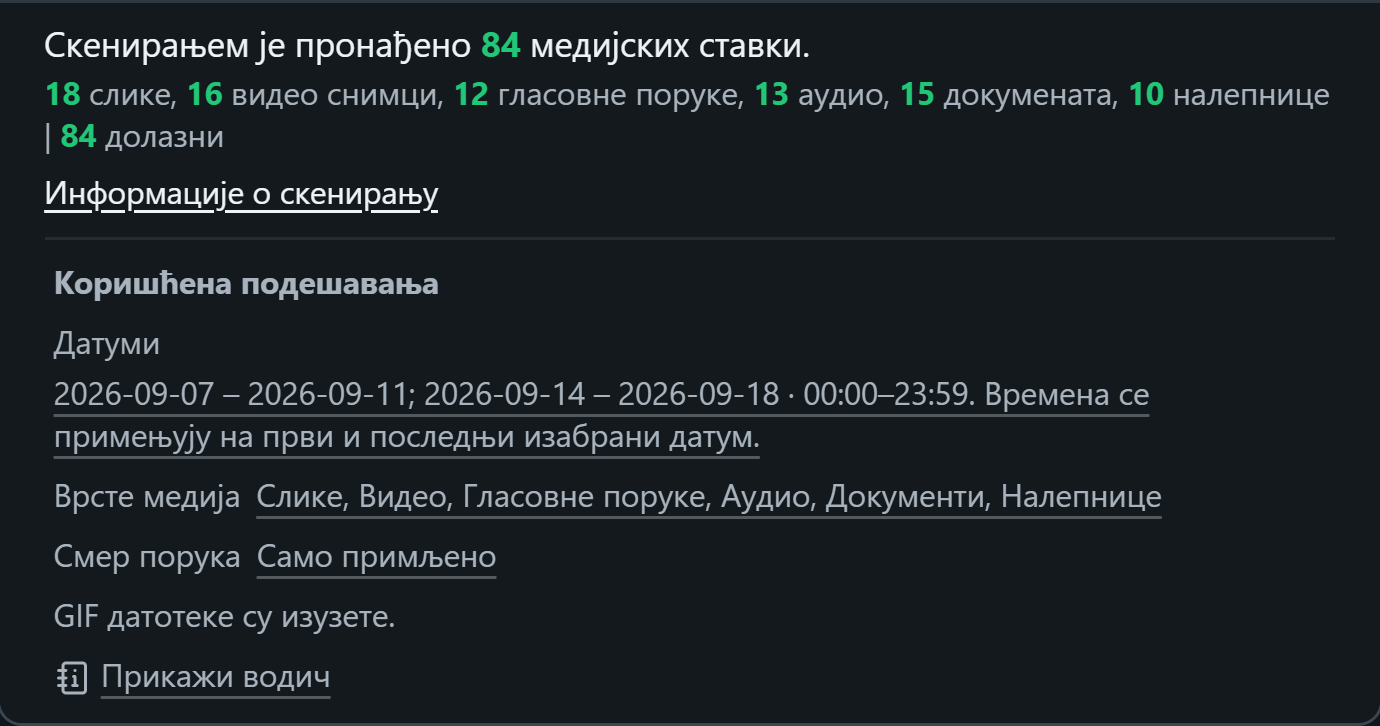 WhatsSnap Једно ћаскање — Информације о скенирању који приказује број медија и коришћене филтере за датум, медије и правац