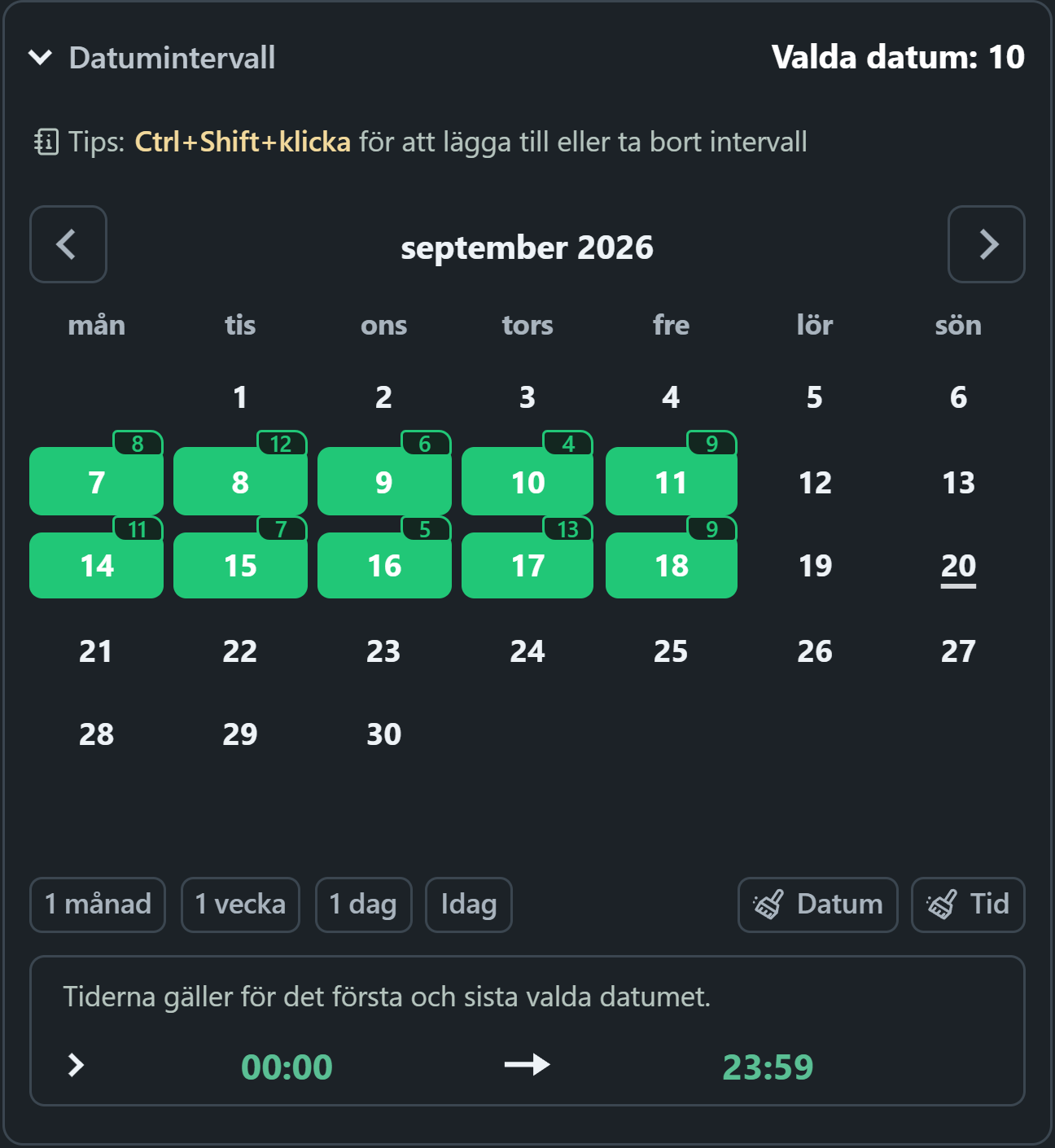 WhatsSnap kalender med utvalda datumintervall och dagliga skannade mediamärken