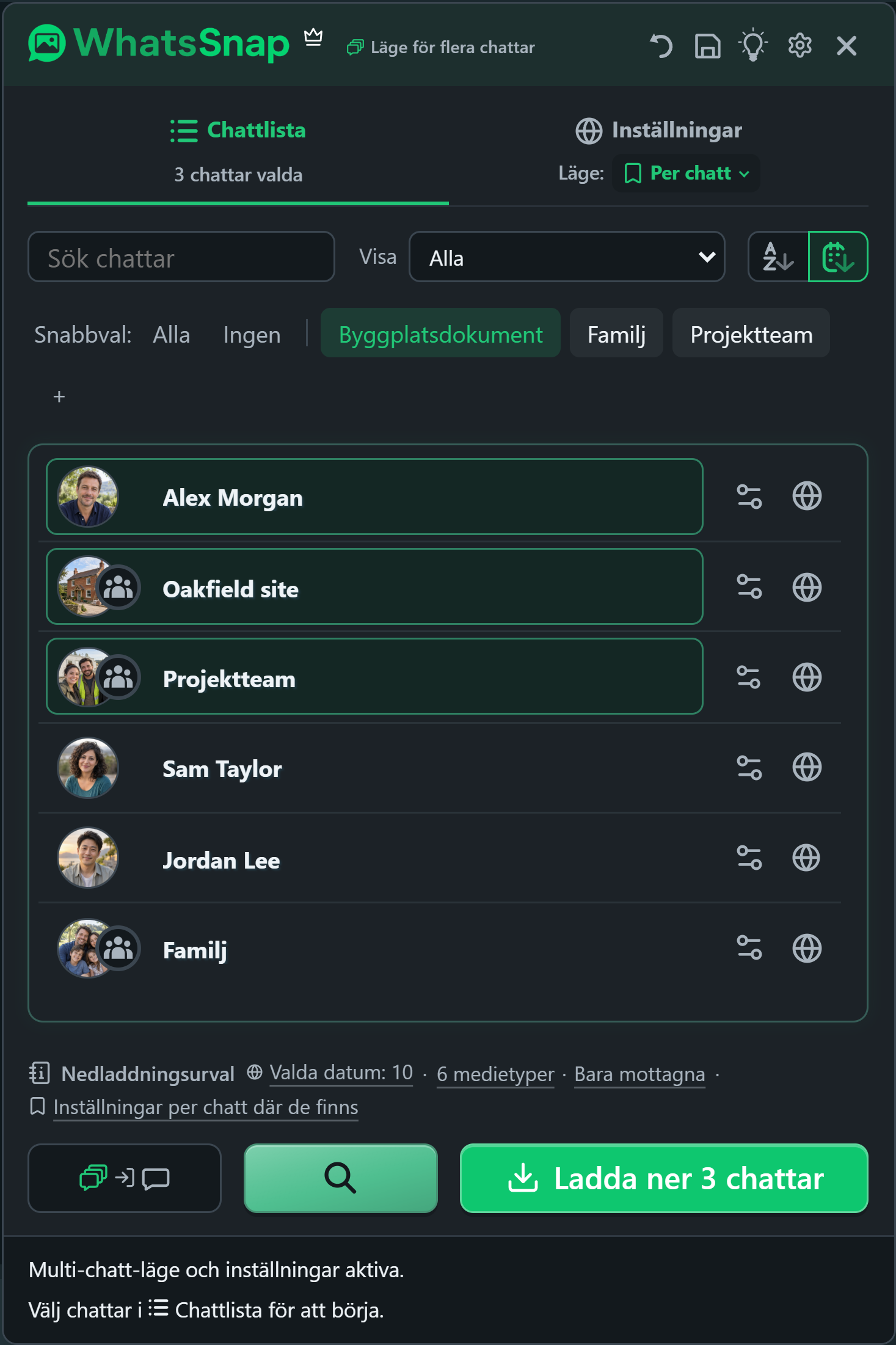 WhatsSnap Multichatta med snabbvalsgrupper, sökning, filter och fiktiva arbetschattar