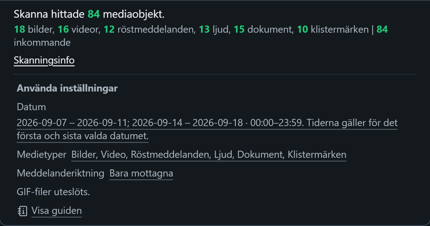 WhatsSnap Enskild chatt — Skanningsinfo visar mediaantal och datum, media och riktningsfilter som används