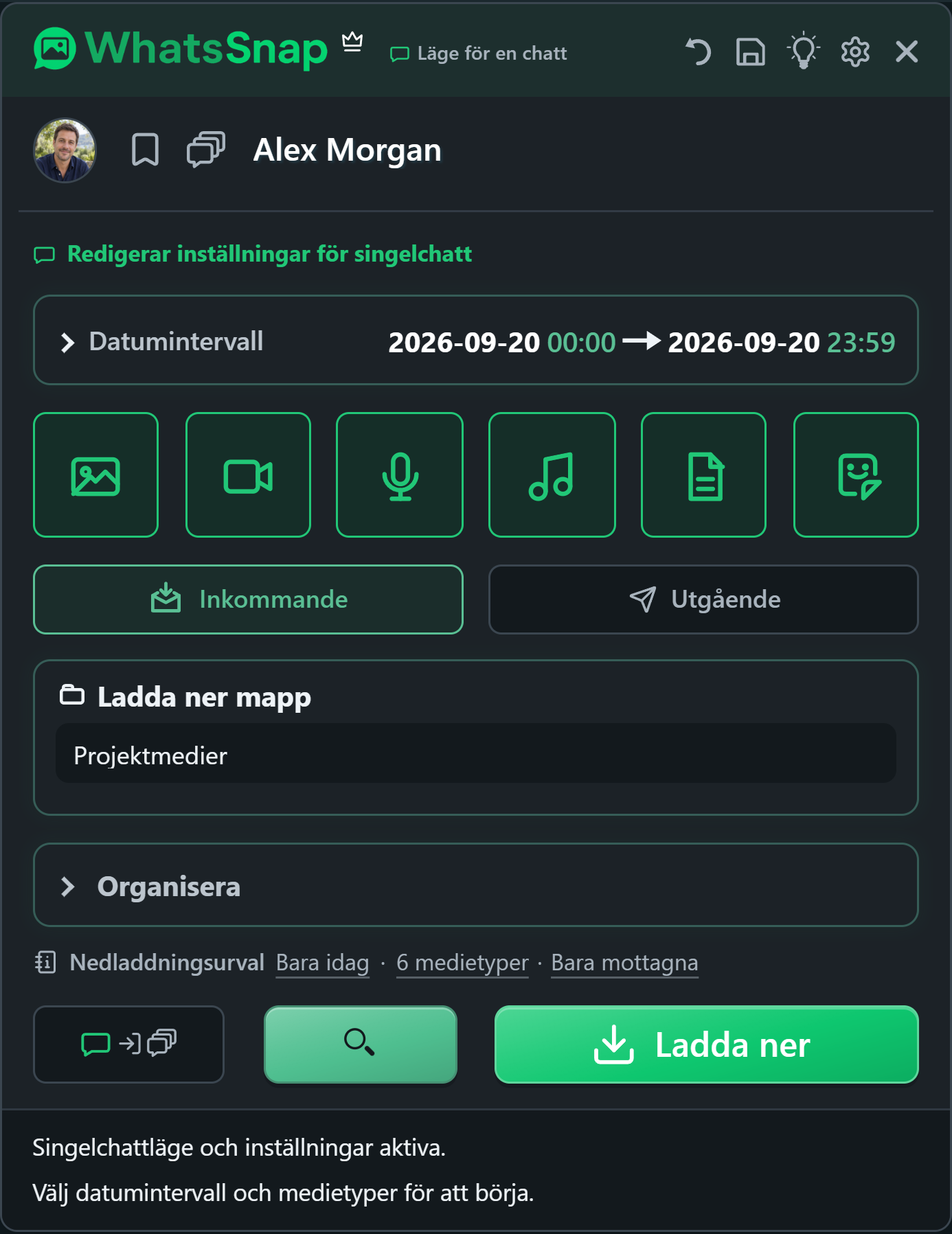 WhatsSnap inuti WhatsApp Web med kontroller för datum, media och filorganisation