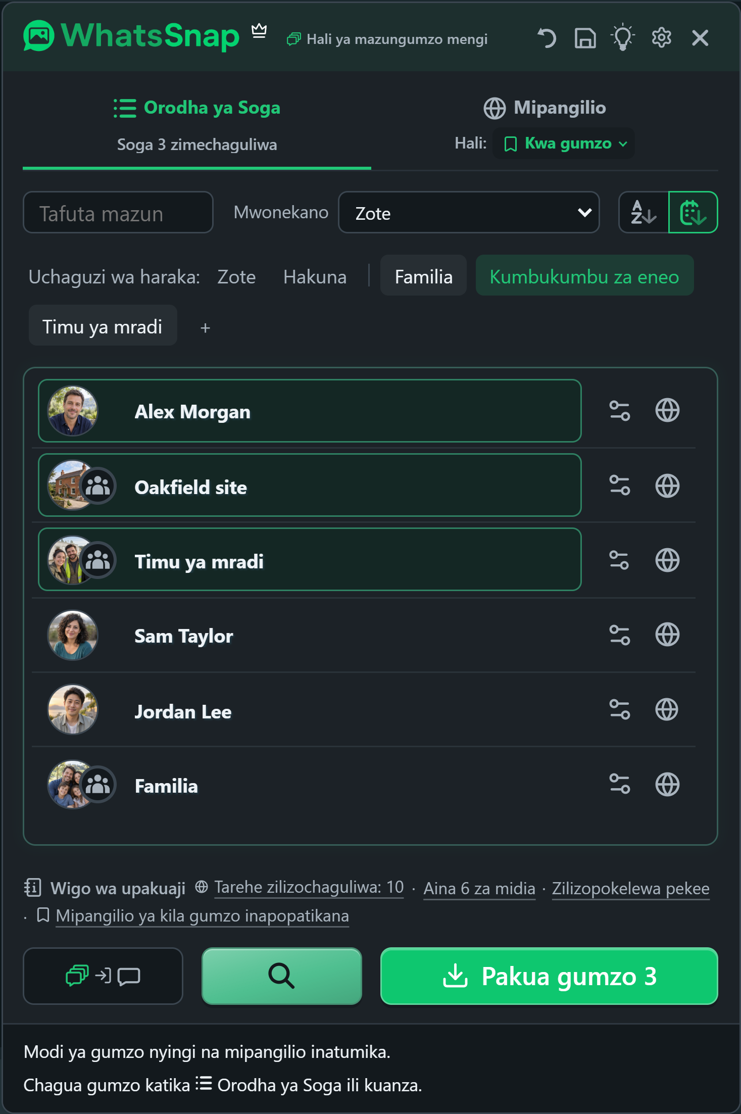 WhatsSnap Piga gumzo nyingi na vikundi vya Quick Select, tafuta, vichujio na gumzo za kazi za kubuni