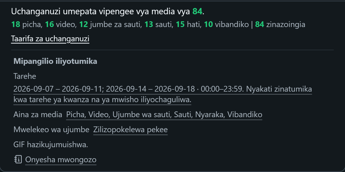 WhatsSnap Gumzo moja — Taarifa za uchanganuzi inayoonyesha hesabu za midia na tarehe, midia na vichujio vya mwelekeo vilivyotumika