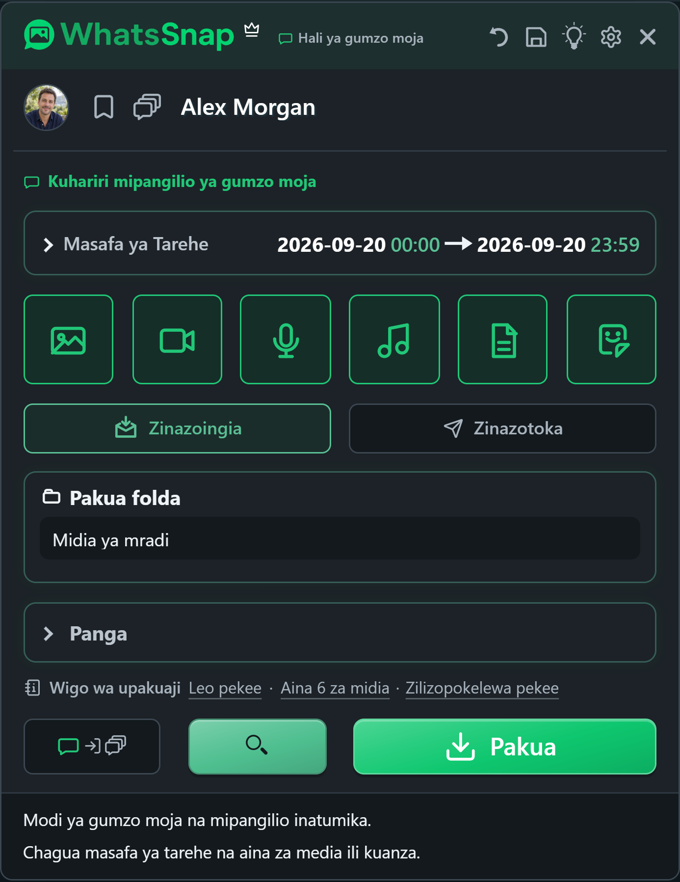 WhatsSnap ndani ya WhatsApp Web yenye vidhibiti vya tarehe, midia na shirika la faili