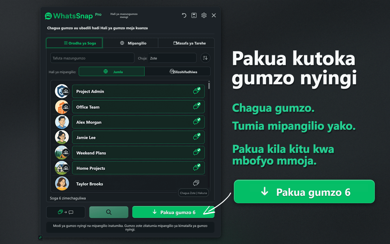 Kiolesura cha WhatsSnap cha uteuzi wa Multi-chat na upakuaji wa pamoja