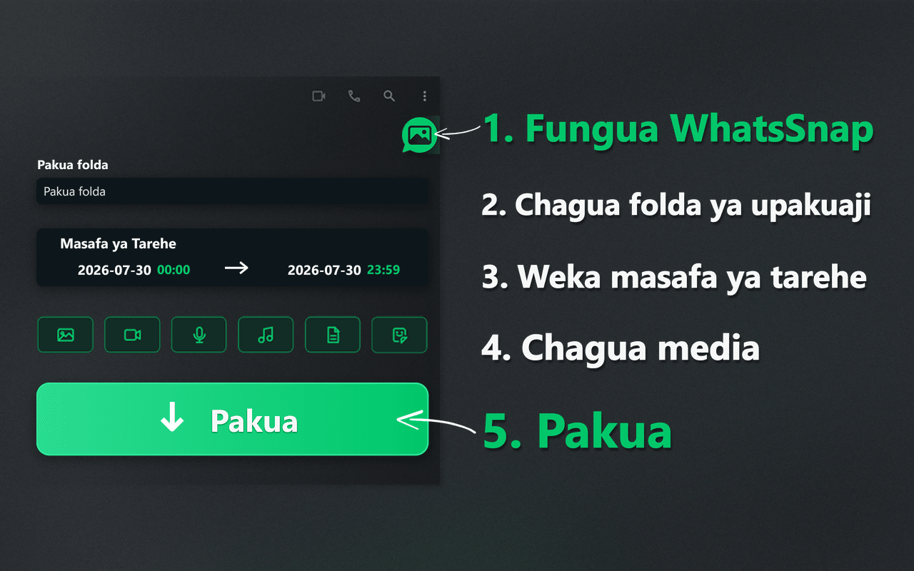 Kizindua WhatsSnap, kipindi cha tarehe, uteuzi wa midia na mtiririko wa upakuaji