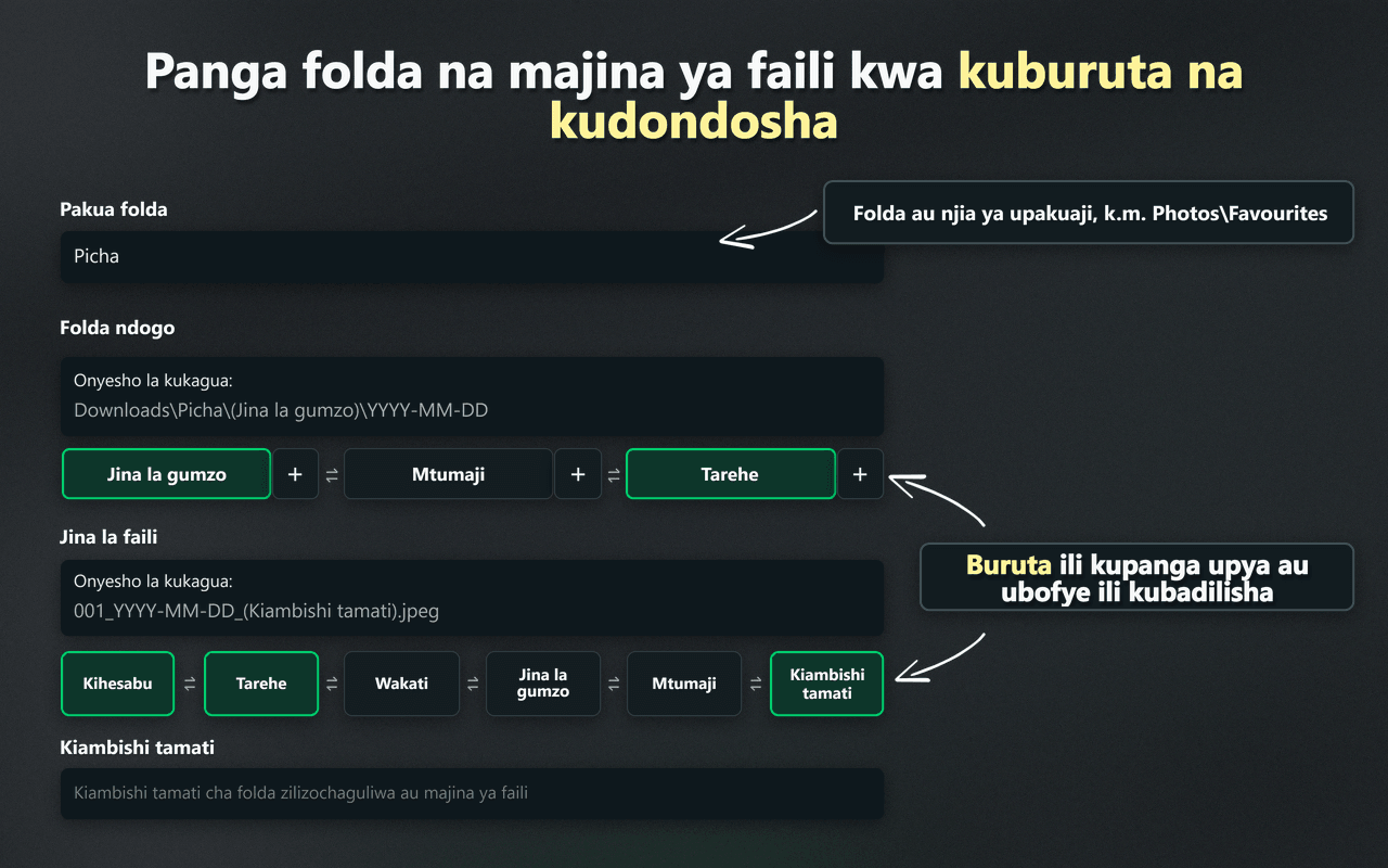 Vidhibiti vya WhatsSnap vya kuburuta na kuangusha kwa kupanga folda na majina ya faili