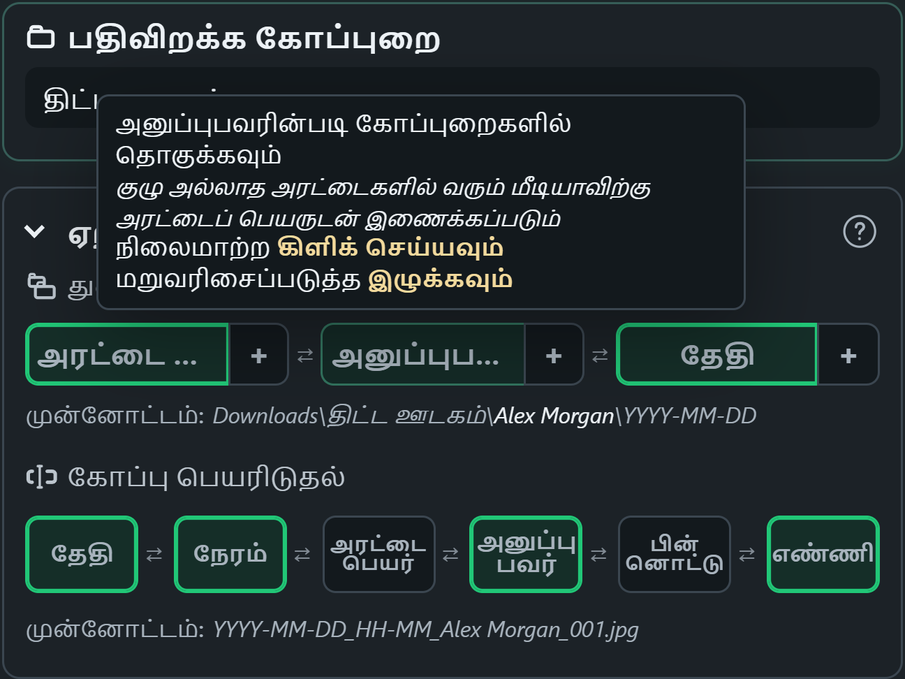 WhatsSnap கோப்புறை மற்றும் கோப்பு பெயர் மாதிரிக்காட்சிகளுடன் இழுத்து விடுதல் அமைப்பு கட்டுப்பாடுகள்