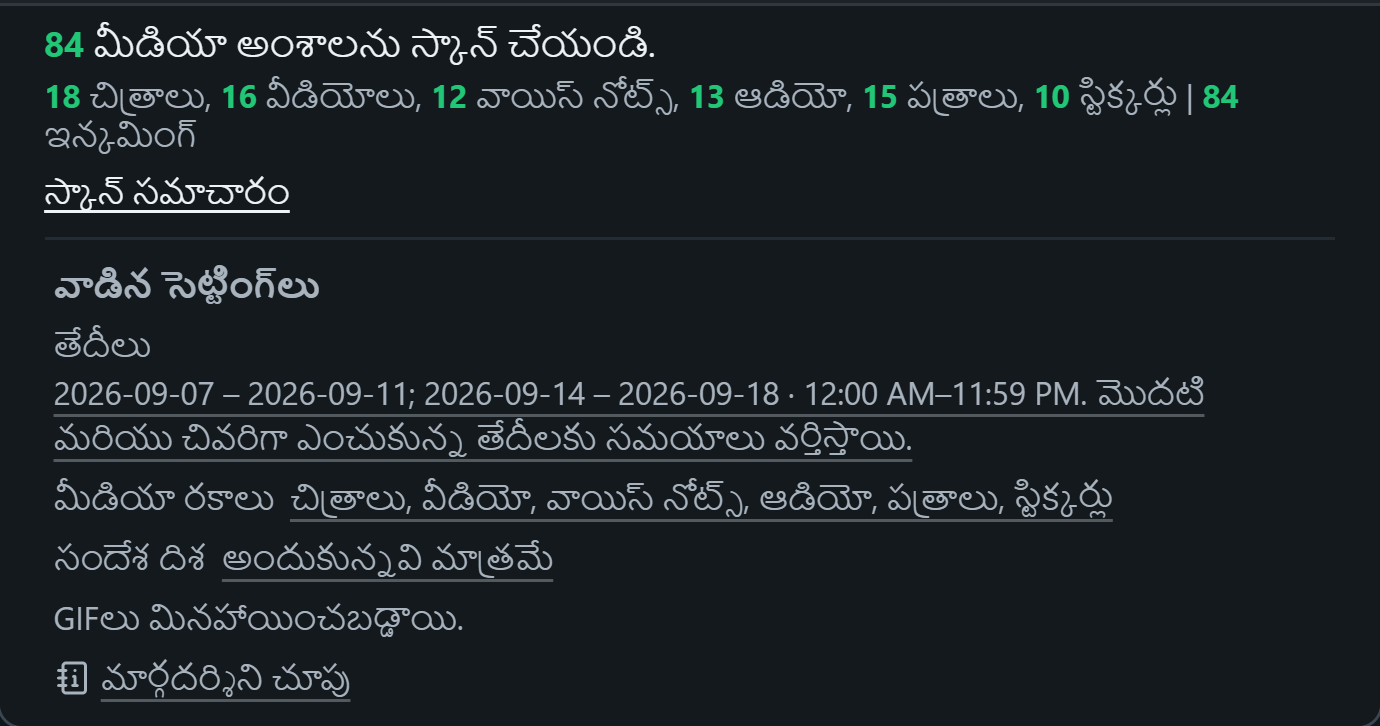 WhatsSnap ఒకే చాట్ — స్కాన్ సమాచారం మీడియా గణనలు మరియు ఉపయోగించిన తేదీ, మీడియా మరియు దిశ ఫిల్టర్లను చూపుతోంది