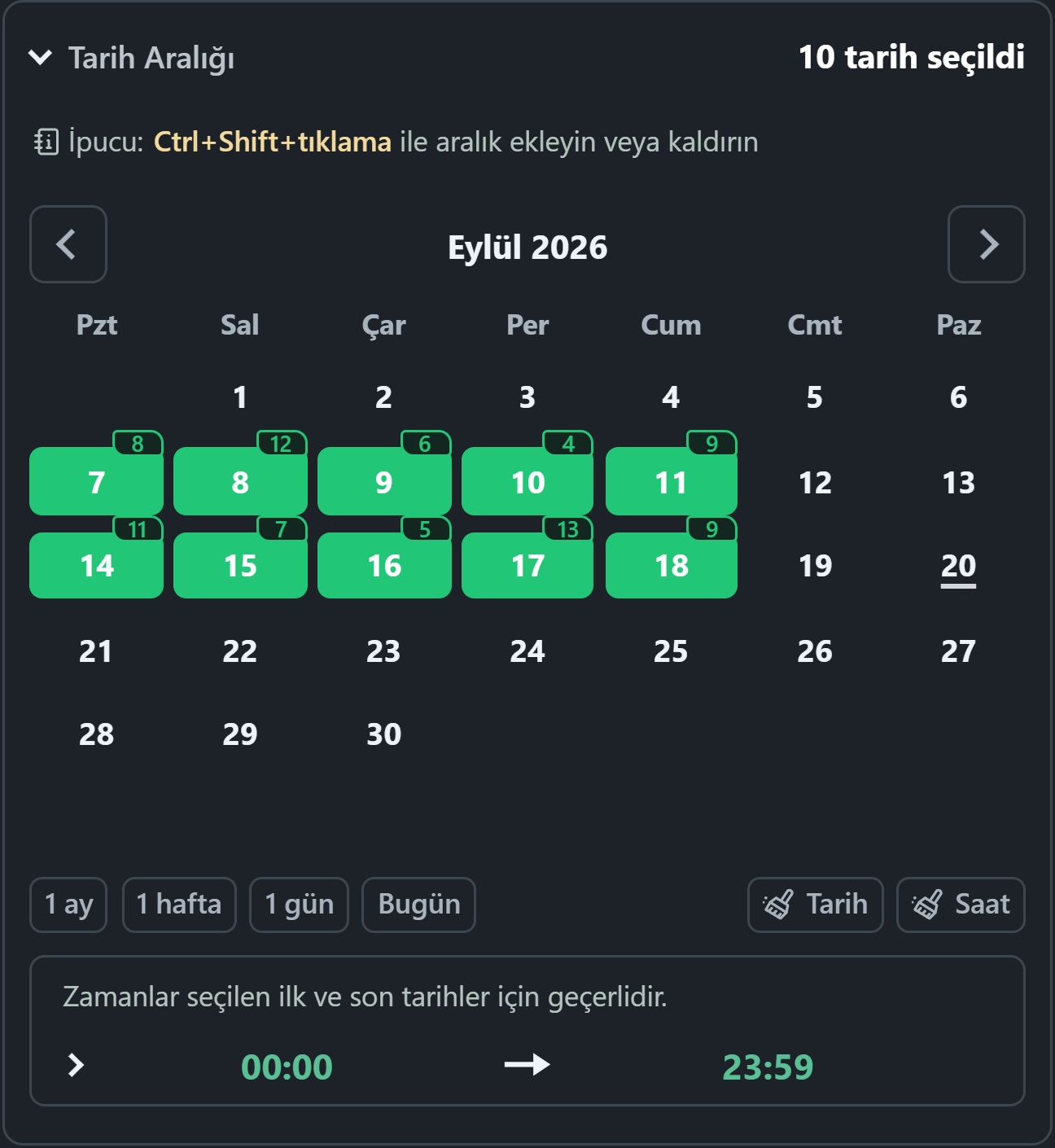 Seçilen tarih aralıklarını ve taranan günlük medya rozetlerini içeren WhatsSnap takvimi