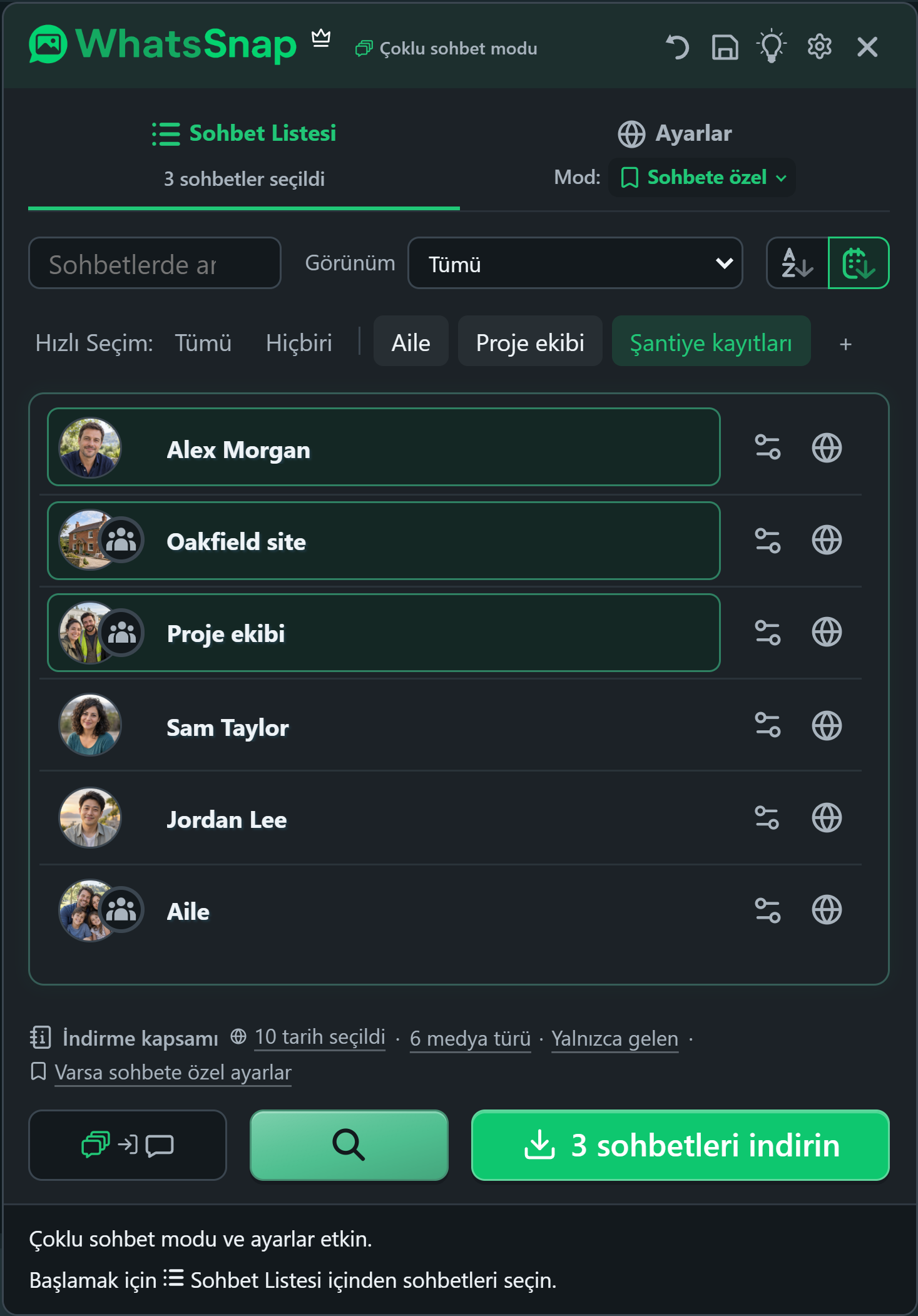 WhatsSnap Hızlı Seçim grupları, arama, filtreler ve kurgusal iş sohbetleriyle çoklu sohbet