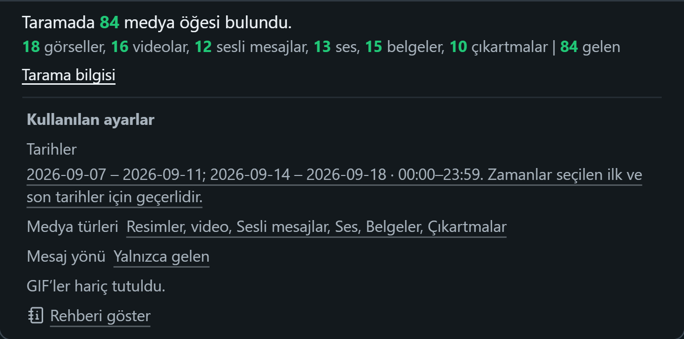 WhatsSnap Tek sohbet — Tarama bilgisi medya sayımlarını ve kullanılan tarih, medya ve yön filtrelerini gösterir