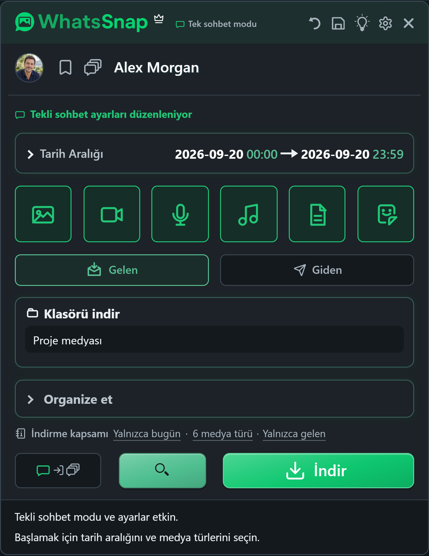 Tarih, medya ve dosya organizasyonu kontrolleriyle birlikte WhatsApp Web içindeki WhatsSnap