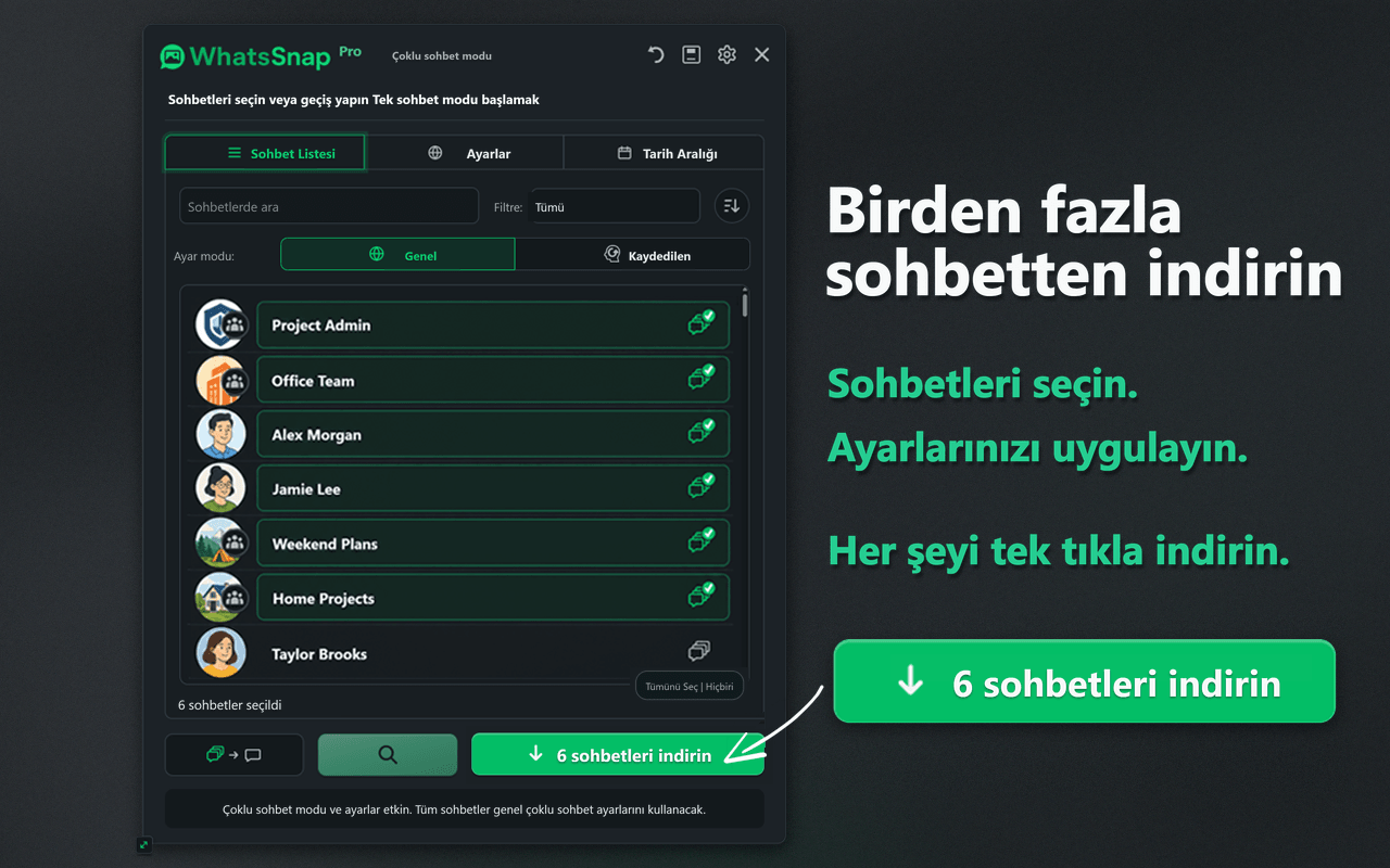 WhatsSnap Multi-chat seçimi ve toplu indirme arayüzü