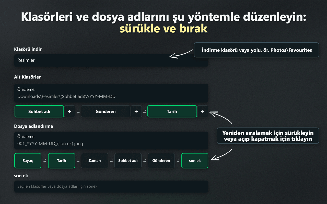Klasörleri ve dosya adlarını düzenlemek için WhatsSnap sürükle ve bırak kontrolleri
