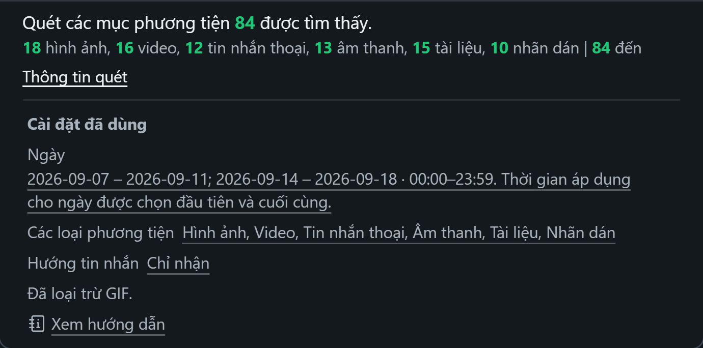 WhatsSnap Trò chuyện đơn — Thông tin quét hiển thị số lượng phương tiện cũng như các bộ lọc ngày, phương tiện và hướng được sử dụng