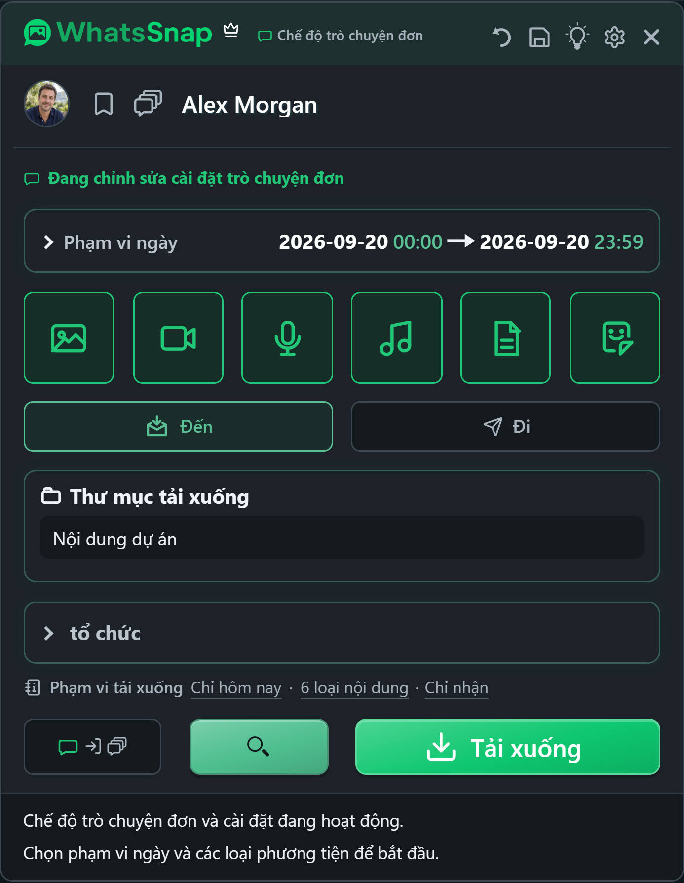 WhatsSnap bên trong WhatsApp Web với các điều khiển ngày, phương tiện và tổ chức tệp