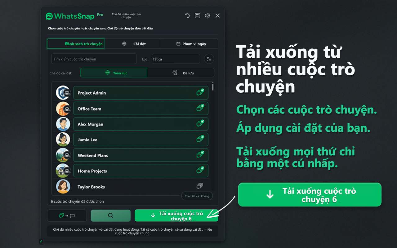 Giao diện chọn Multi-chat và tải xuống hàng loạt của WhatsSnap