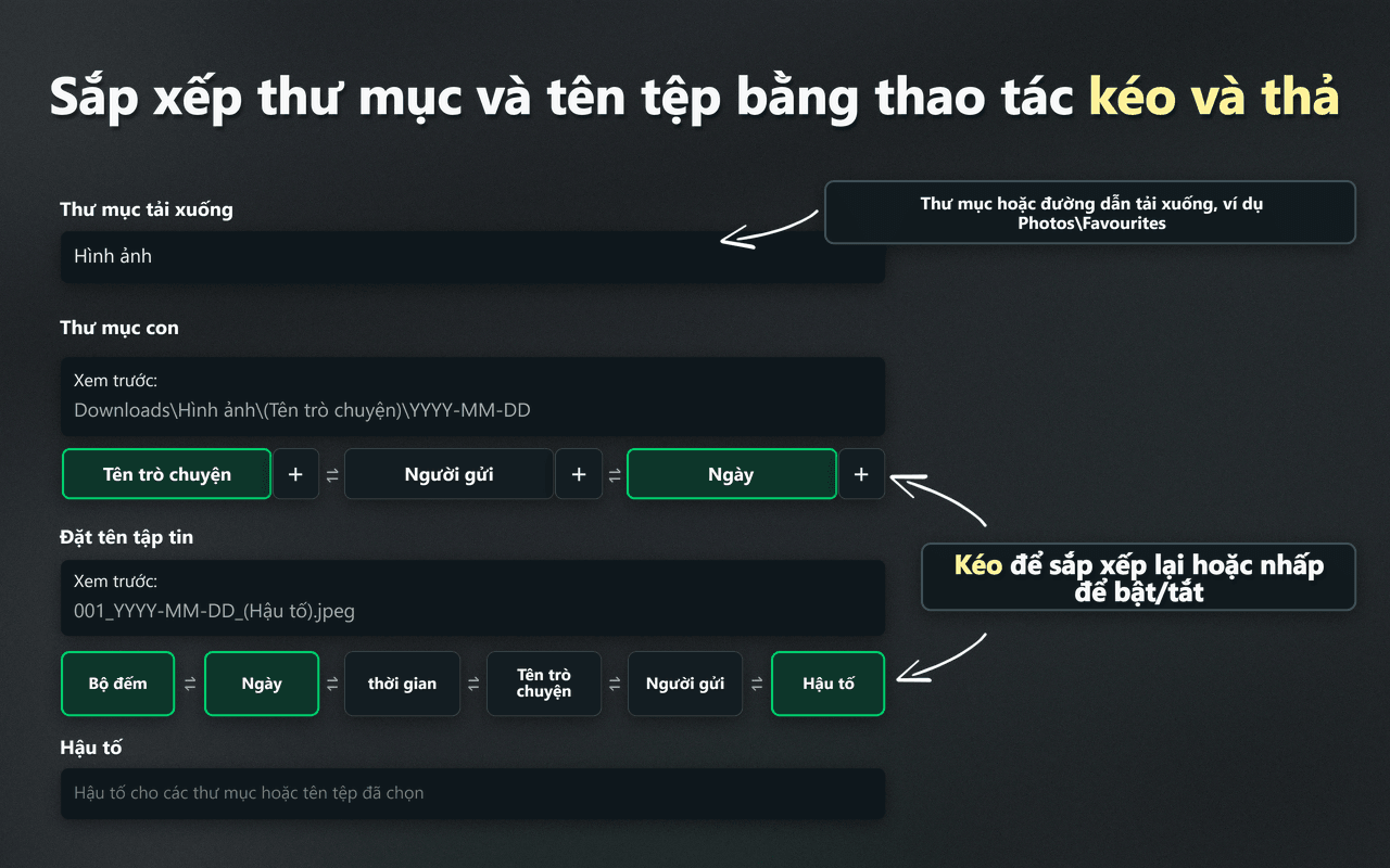 Các điều khiển kéo và thả của WhatsSnap để sắp xếp thư mục và tên tệp