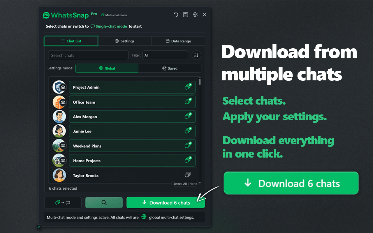 WhatsSnap multi-chat selection and batch download interface