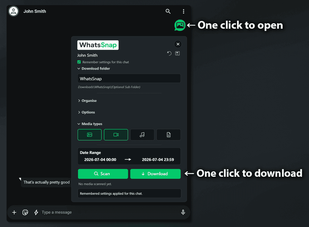 WhatsSnap one-click launcher and download flow