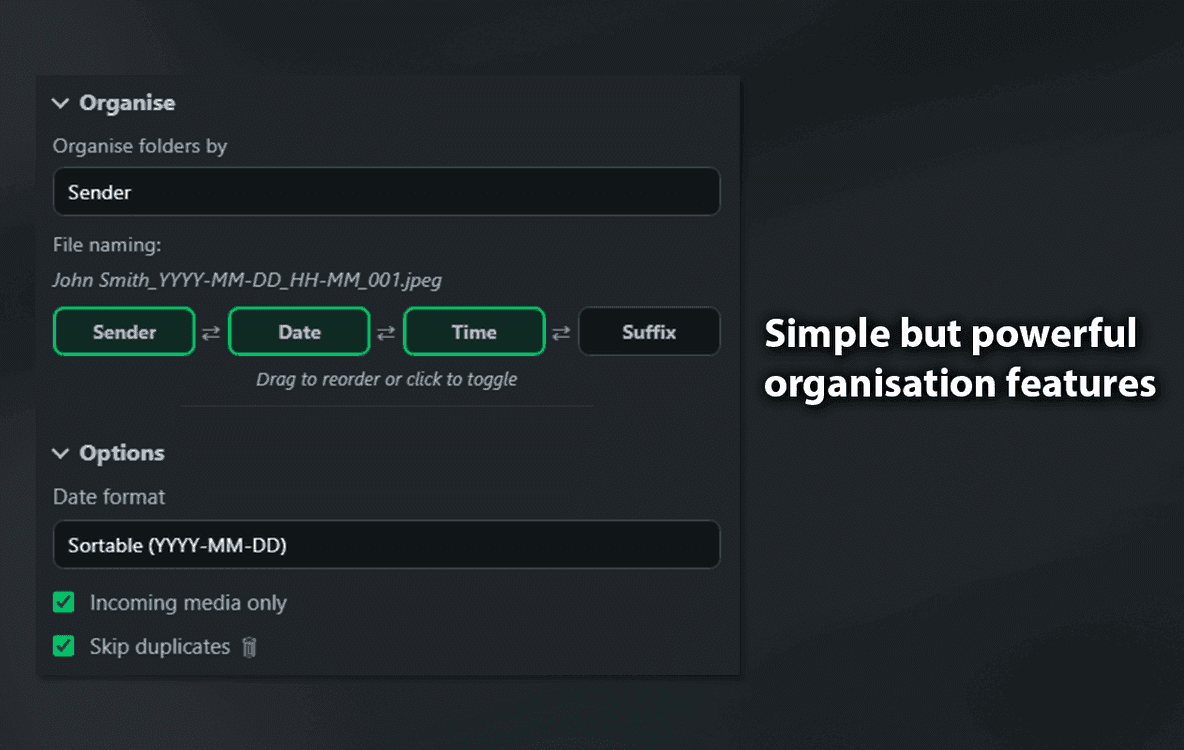 WhatsSnap file organisation and naming options