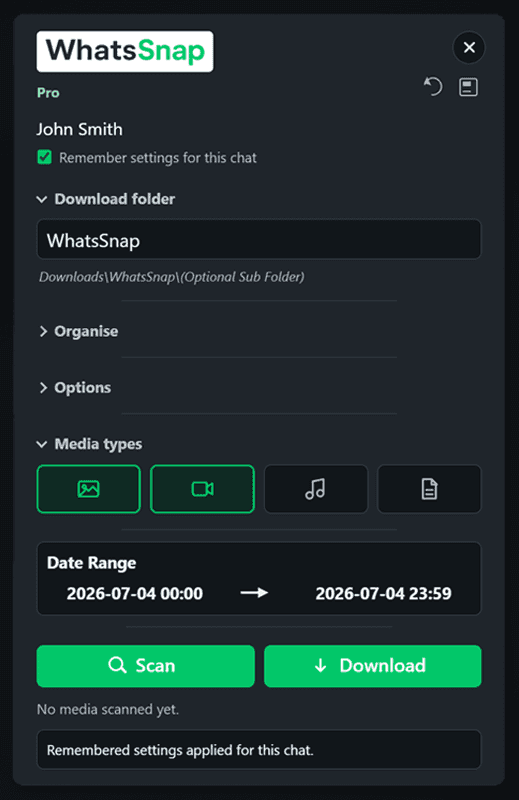 WhatsSnap downloader interface inside WhatsApp Web